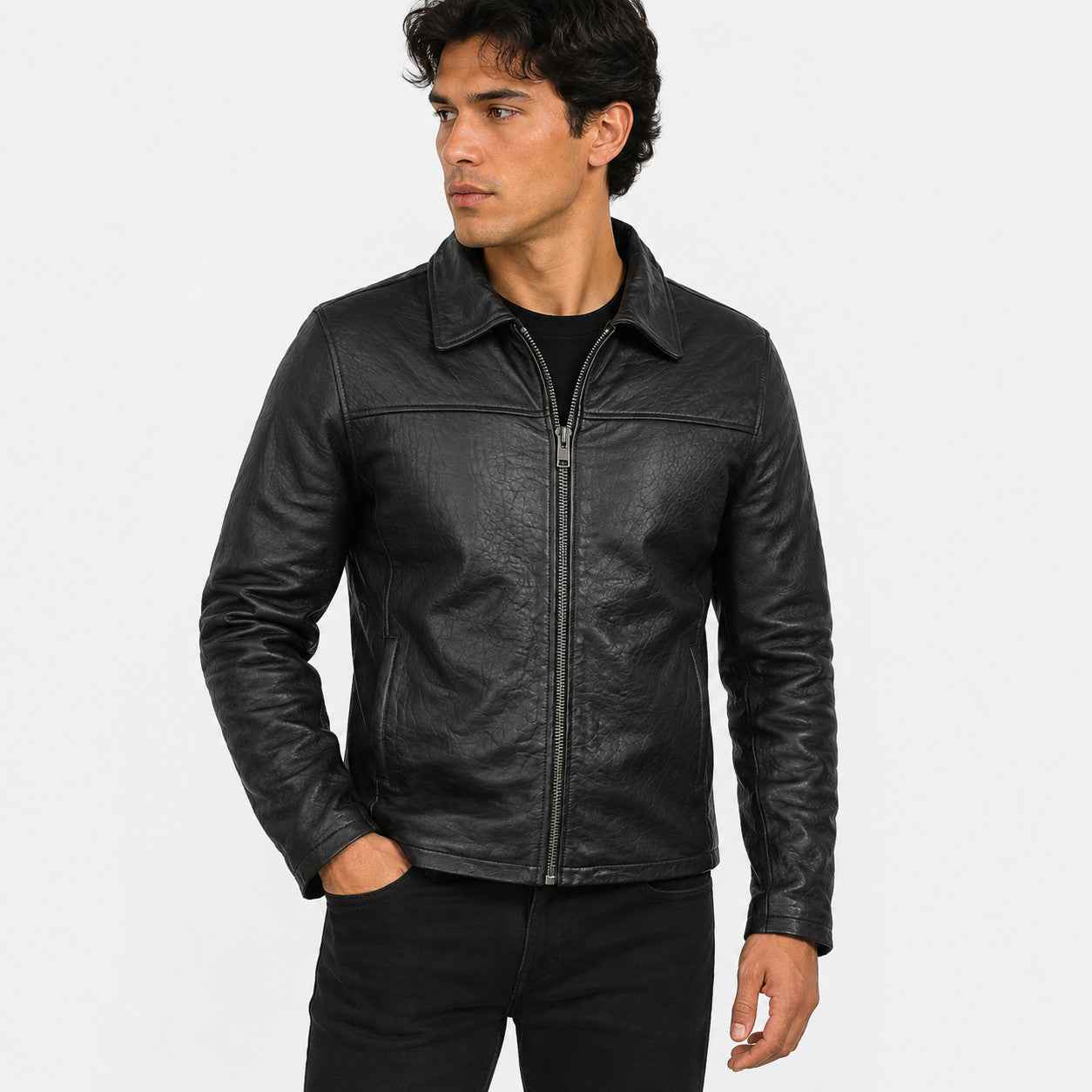 Vellaro Men’s Distressed Sheepskin Leather Jacket Vintage Washed Moto