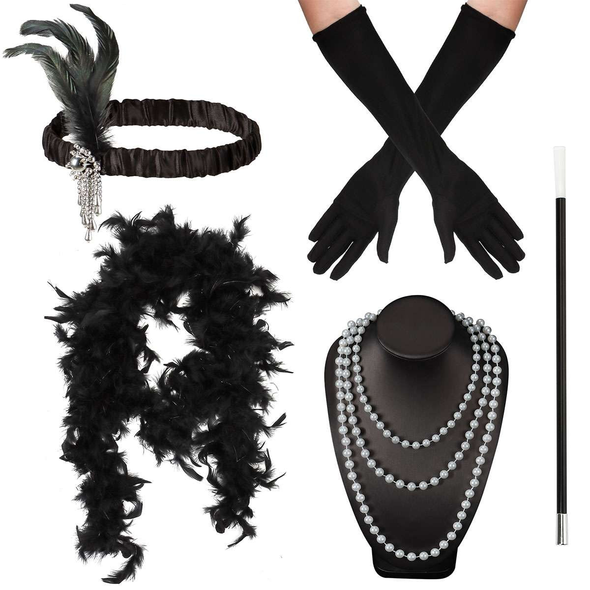 1920s Flapper Costume Accessory Set Boa Headband Gloves Necklace for Halloween - Halloween Fast
