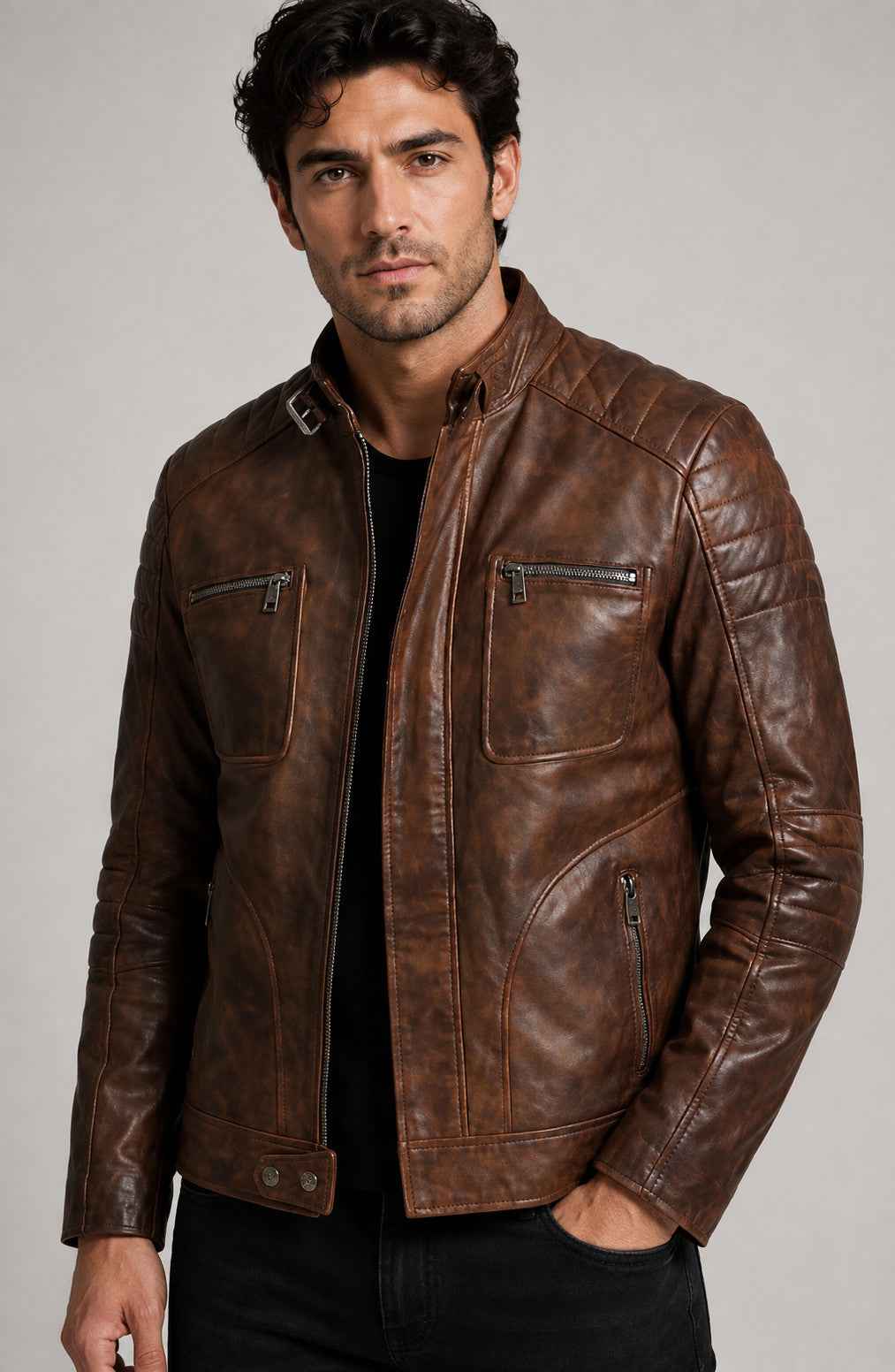 Vellaro Men’s Sheepskin Leather Cafe Racer Jacket Vintage Distressed Moto