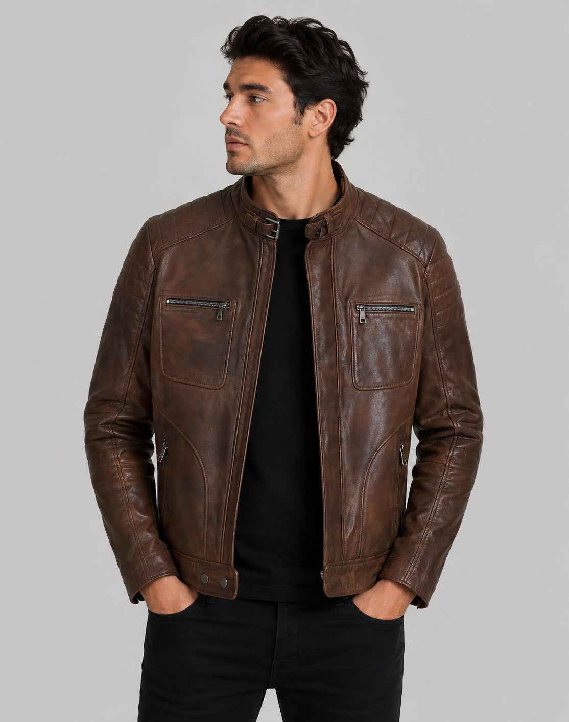 Vellaro Men’s Sheepskin Leather Cafe Racer Jacket Vintage Distressed Moto