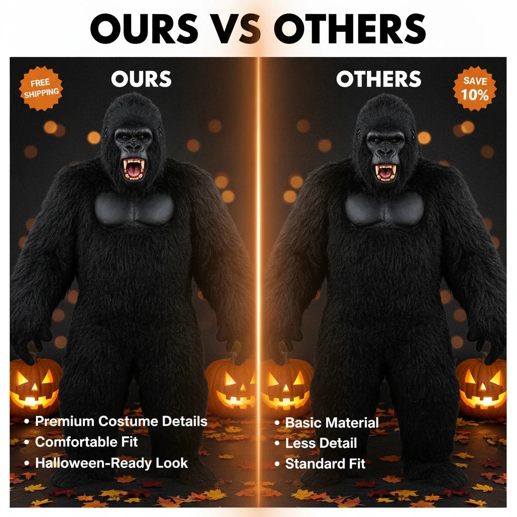 10FT Giant Gorilla Mascot  Inflatable Costume Halloween Cosplay Party Outfit | Prompt 1 — Ours vs Others Create 1 separate square ecommerce image, not a collage.