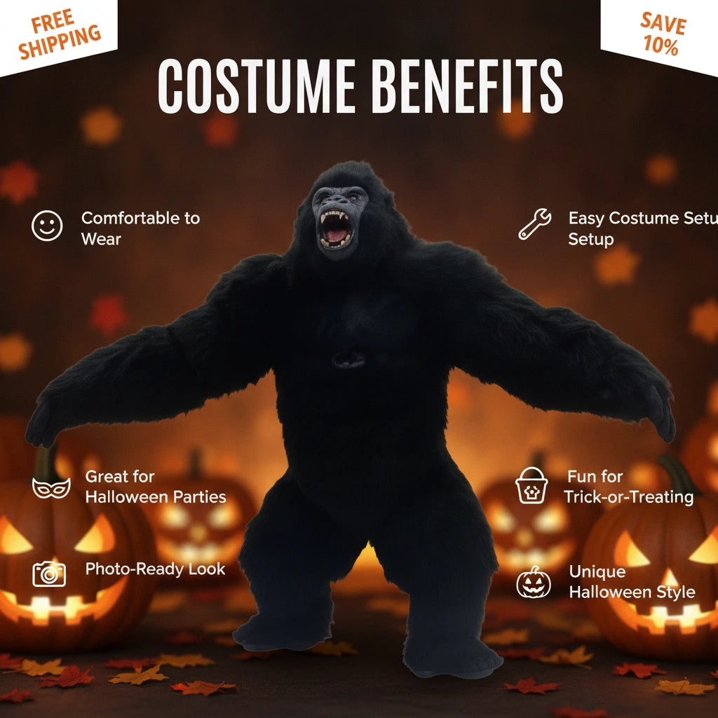 10FT Giant Gorilla Mascot  Inflatable Costume Halloween Cosplay Party Outfit | Prompt 2 — Benefits Infographic Create 1 separate square infographic image, not a collage.