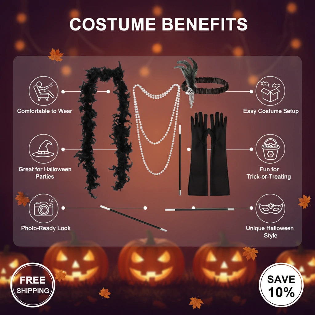 1920s Flapper Costume Accessory Set Boa Headband Gloves Necklace for Halloween | Prompt 2 — Benefits Infographic Create 1 separate square infographic image, not a collage.