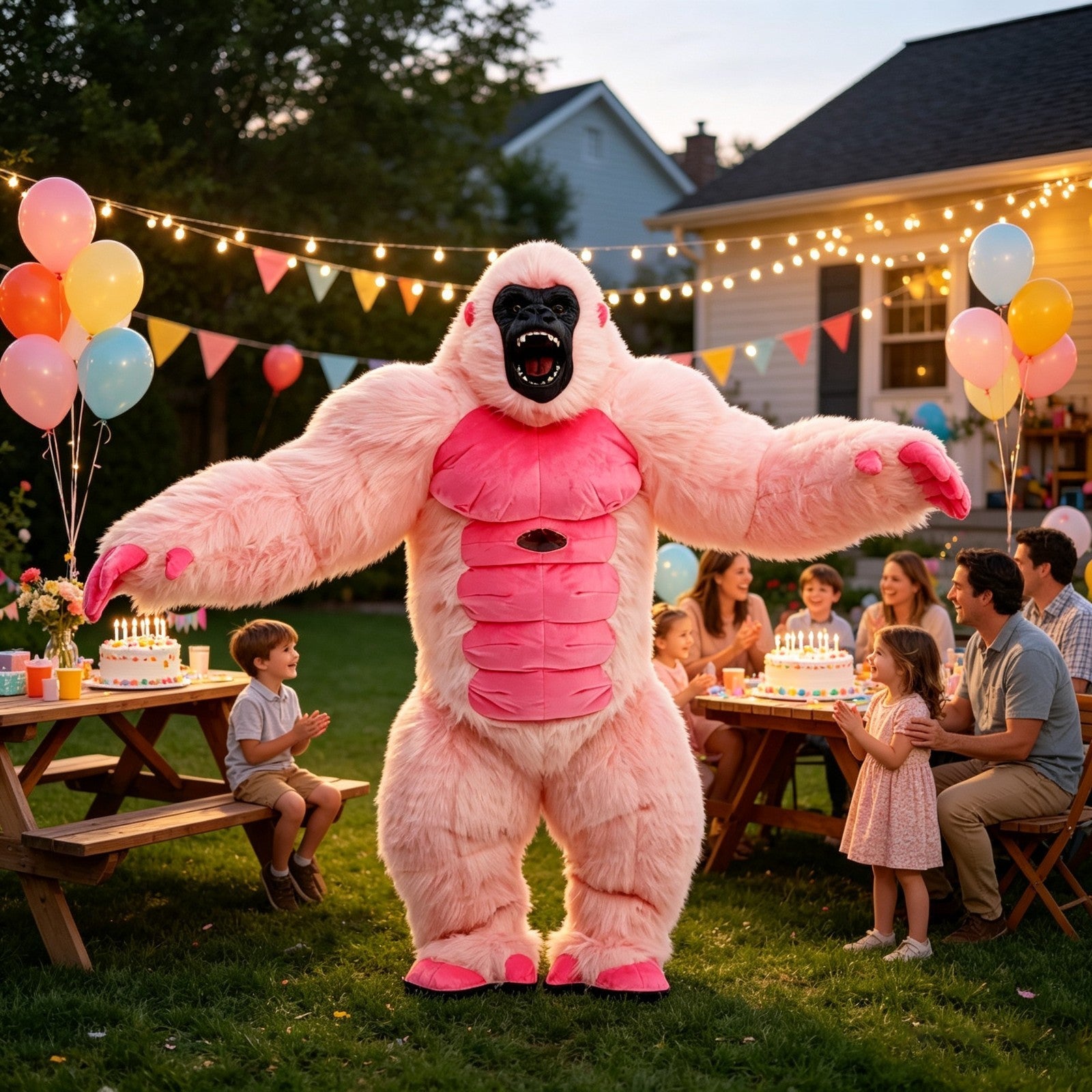 Fluffy Pink Gorilla Inflatable Costume Mascot Halloween Party Outfit w/Battery Halloween Fast