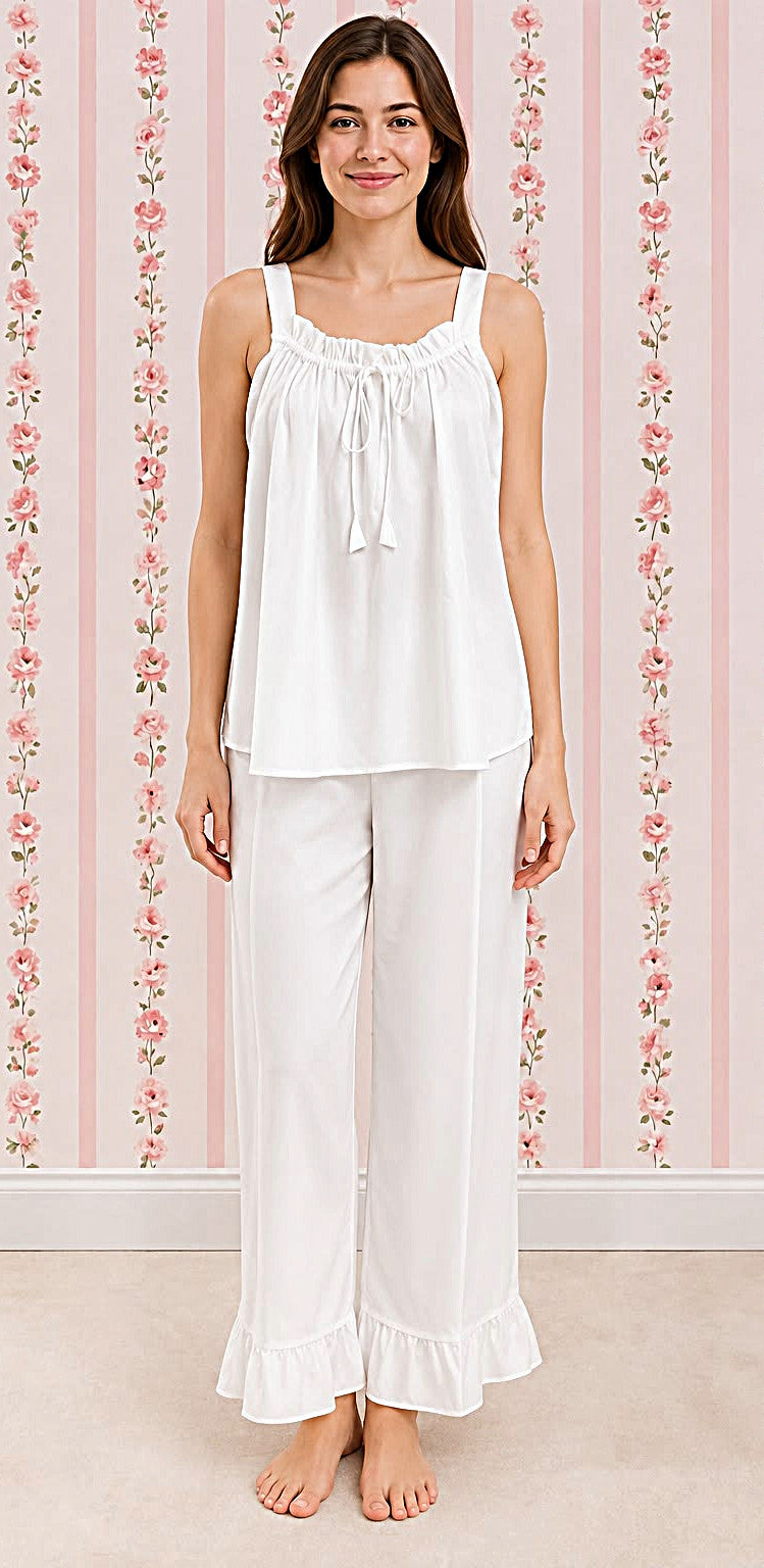 SoieRose 100% Cotton Victorian Inspired, Sleeveless, Ruffle Pajama Set - SR-1333