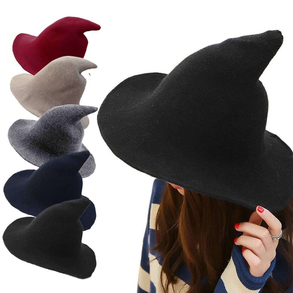 Women Knit Pointed Witch Wizard Hat Wide Brim Halloween Cosplay Casual Party Cap Halloween Fast