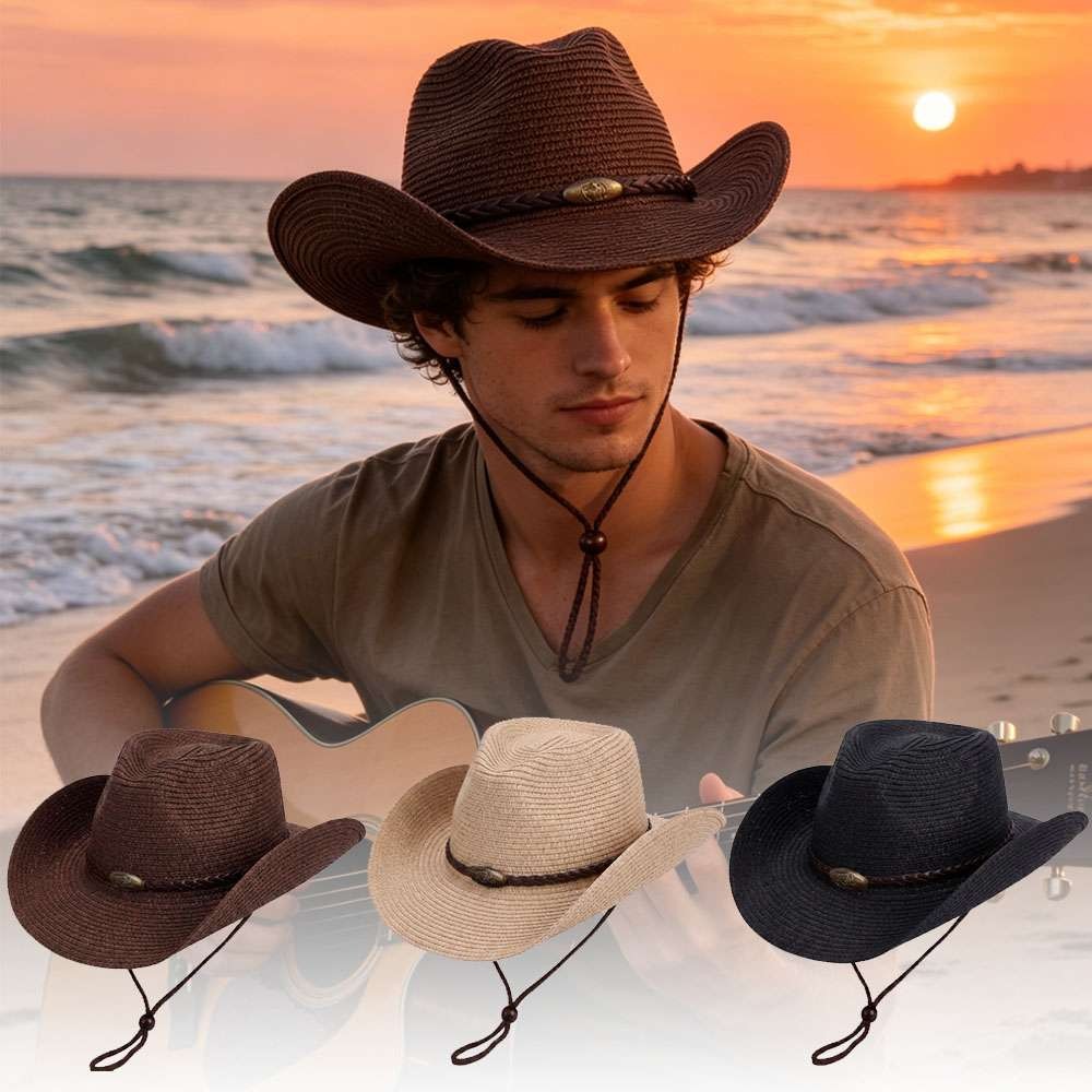 Men Women Wide Brim Western Cowboy Straw Hat Outdoor Sun Protection Hat Halloween Fast
