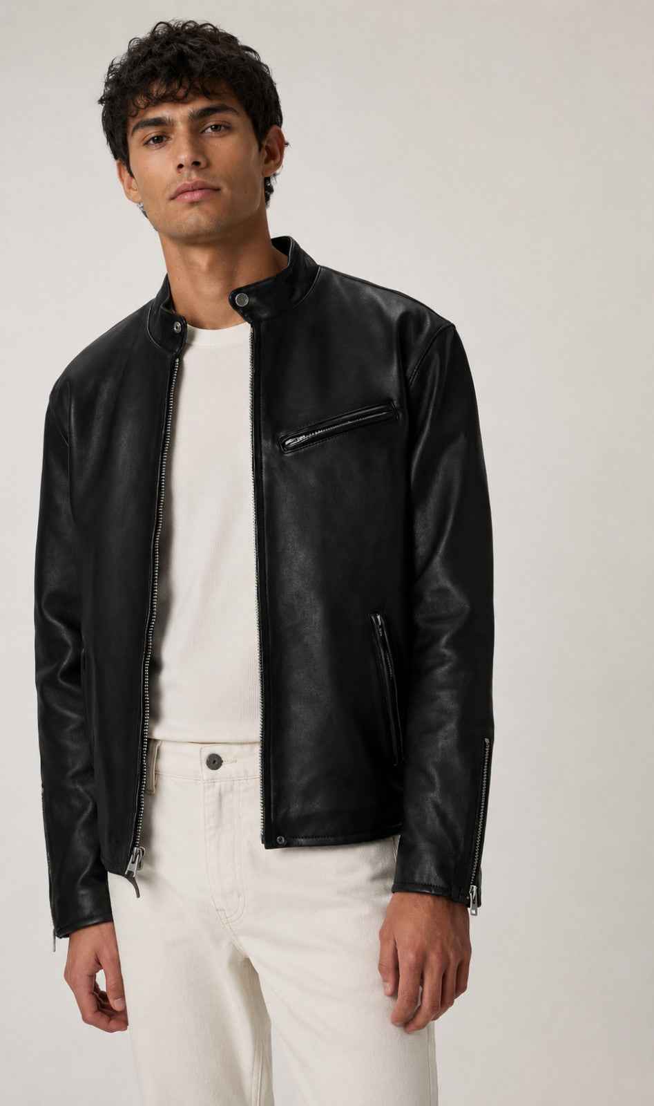 Vellaro Men’s Sheepskin Leather Cafe Racer Moto Jacket Genuine Leather