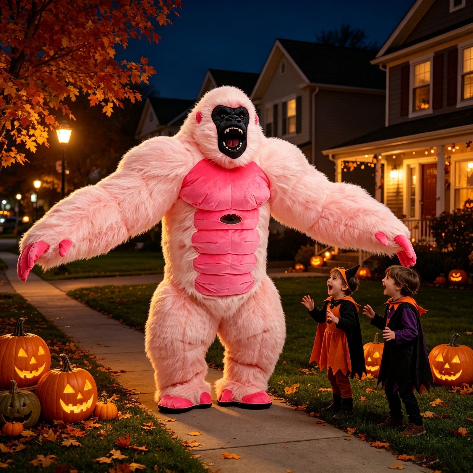 Fluffy Pink Gorilla Inflatable Costume Mascot Halloween Party Outfit w/Battery Halloween Fast