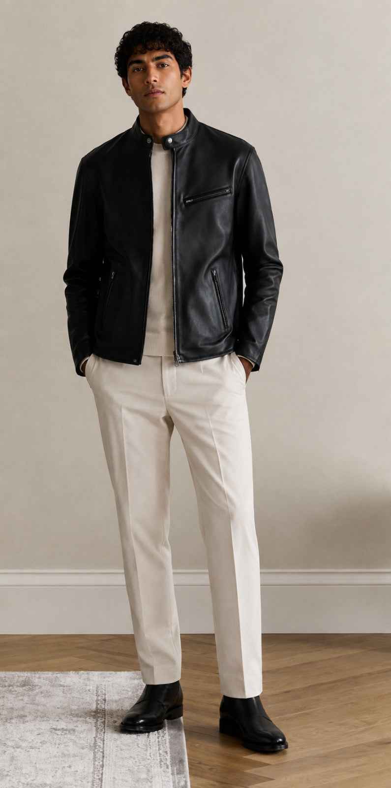 Vellaro Men’s Sheepskin Leather Cafe Racer Moto Jacket Genuine Leather